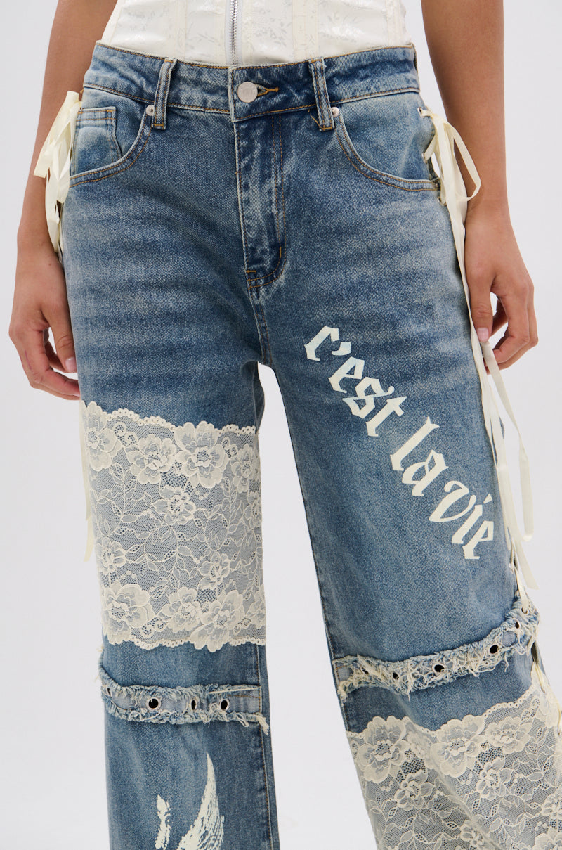 FEMME FATALE PRINTED AND LACE UP DETAIL DENIM JEANS
