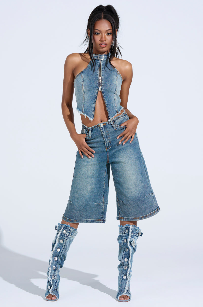 BREAK UP WITH HIM DENIM HALTER TOP