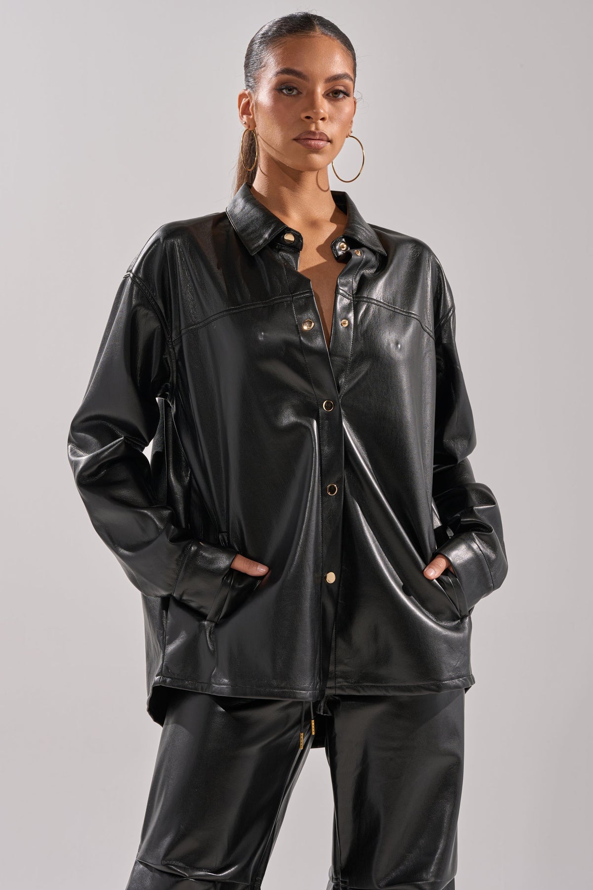 GET WITH IT FAUX LEATHER BUTTON DOWN