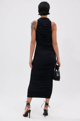 BUSINESS IN FRONT PARTY IN BACK MIDI DRESS IN BLACK