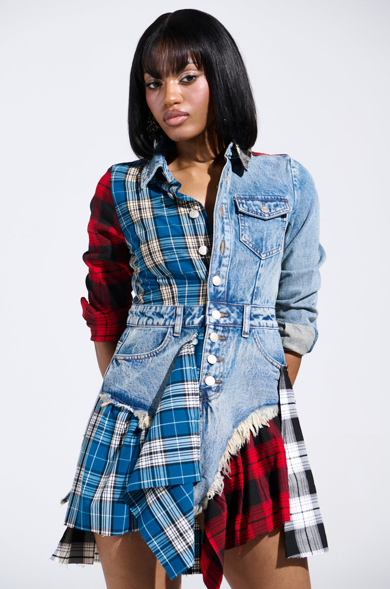 PATCHWORK PLAID DENIM MINI DRESS