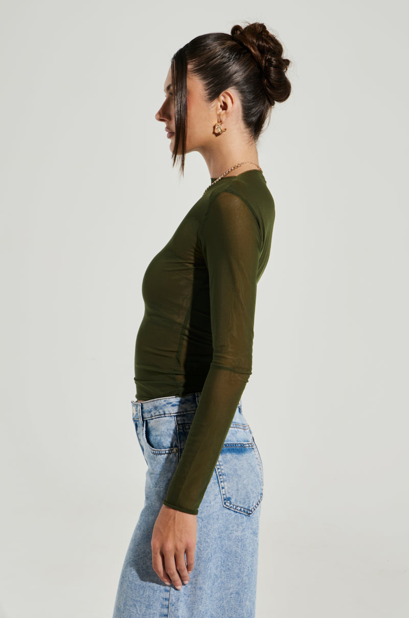 PAXTON RAW HEM LONG SLEEVE MESH TEE IN OLIVE