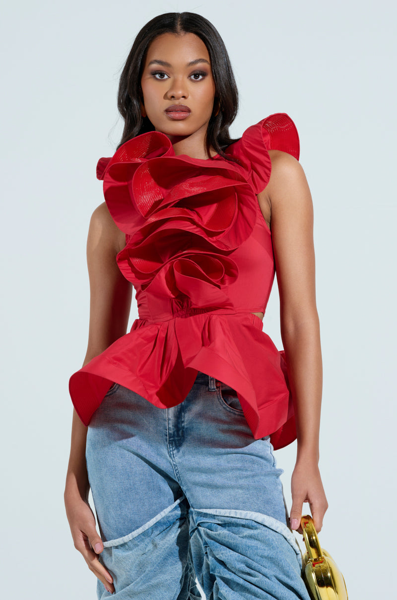 MISS FASHIONISTA SLEEVELESS RUFFLE PEPLUM BLOUSE IN RED