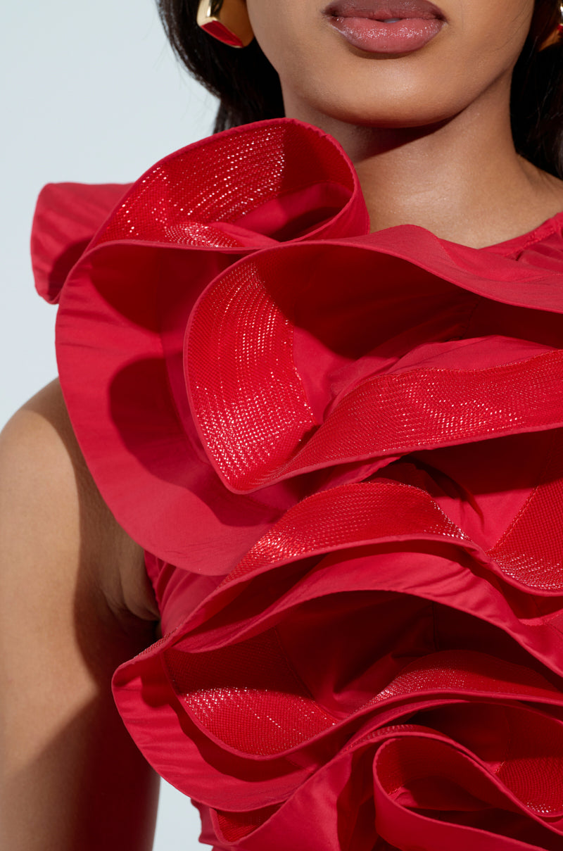 MISS FASHIONISTA SLEEVELESS RUFFLE PEPLUM BLOUSE IN RED