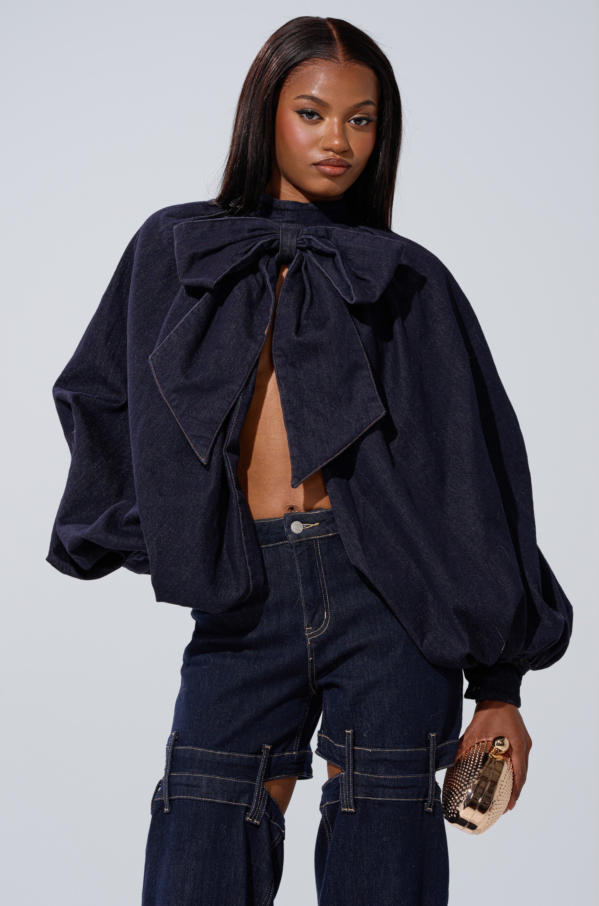 LEAH RUCHED DENIM MOCK NECK TOP IN DARK BLUE DENIM
