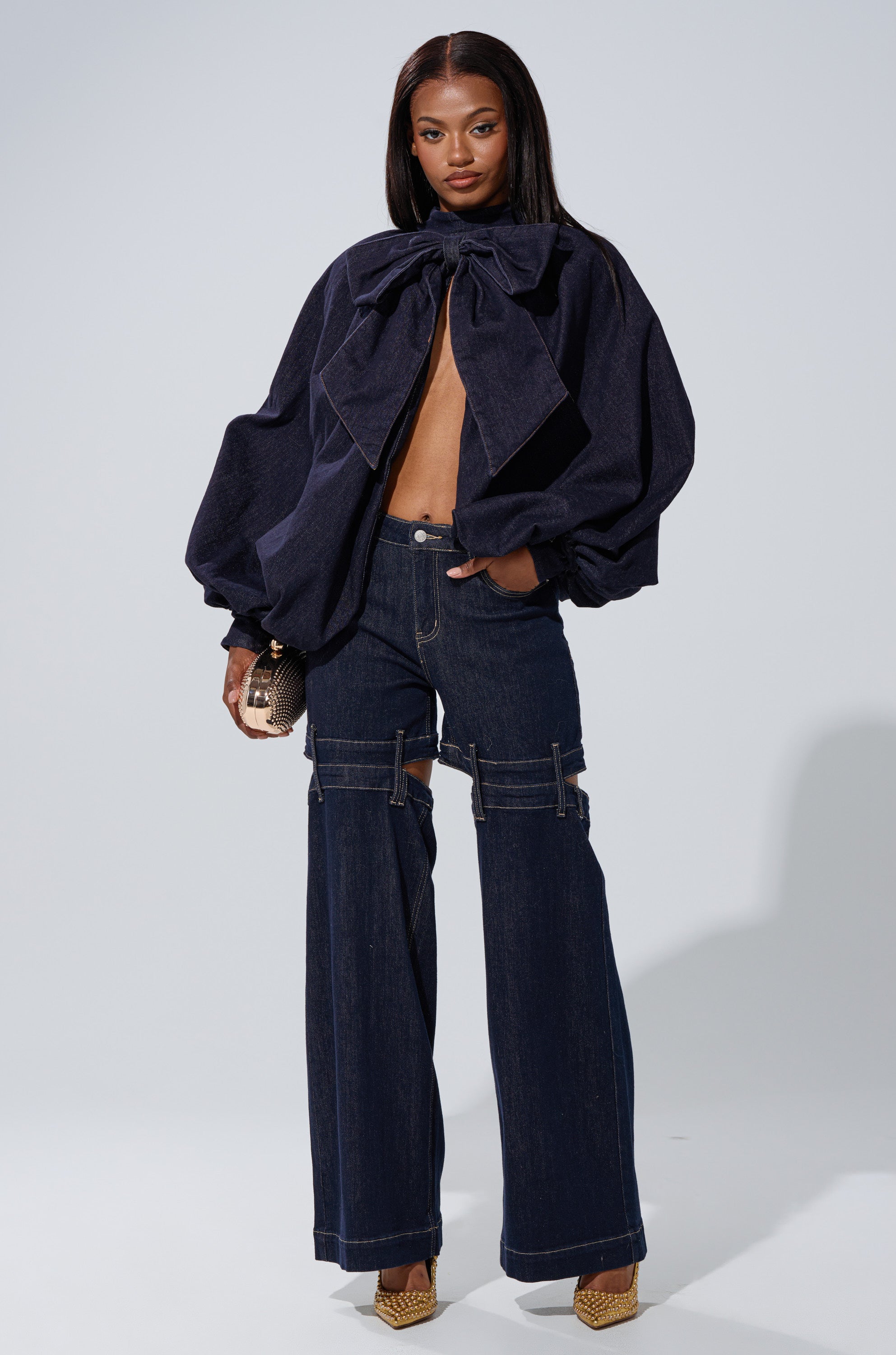 LEAH RUCHED DENIM MOCK NECK TOP IN DARK BLUE DENIM