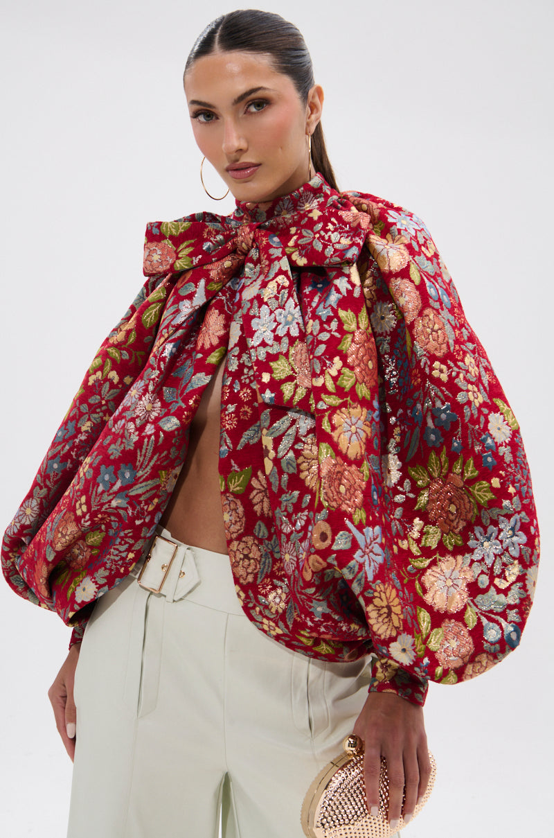 ETHEREAL FLORAL PUFF SLEEVE BROCADE TOP