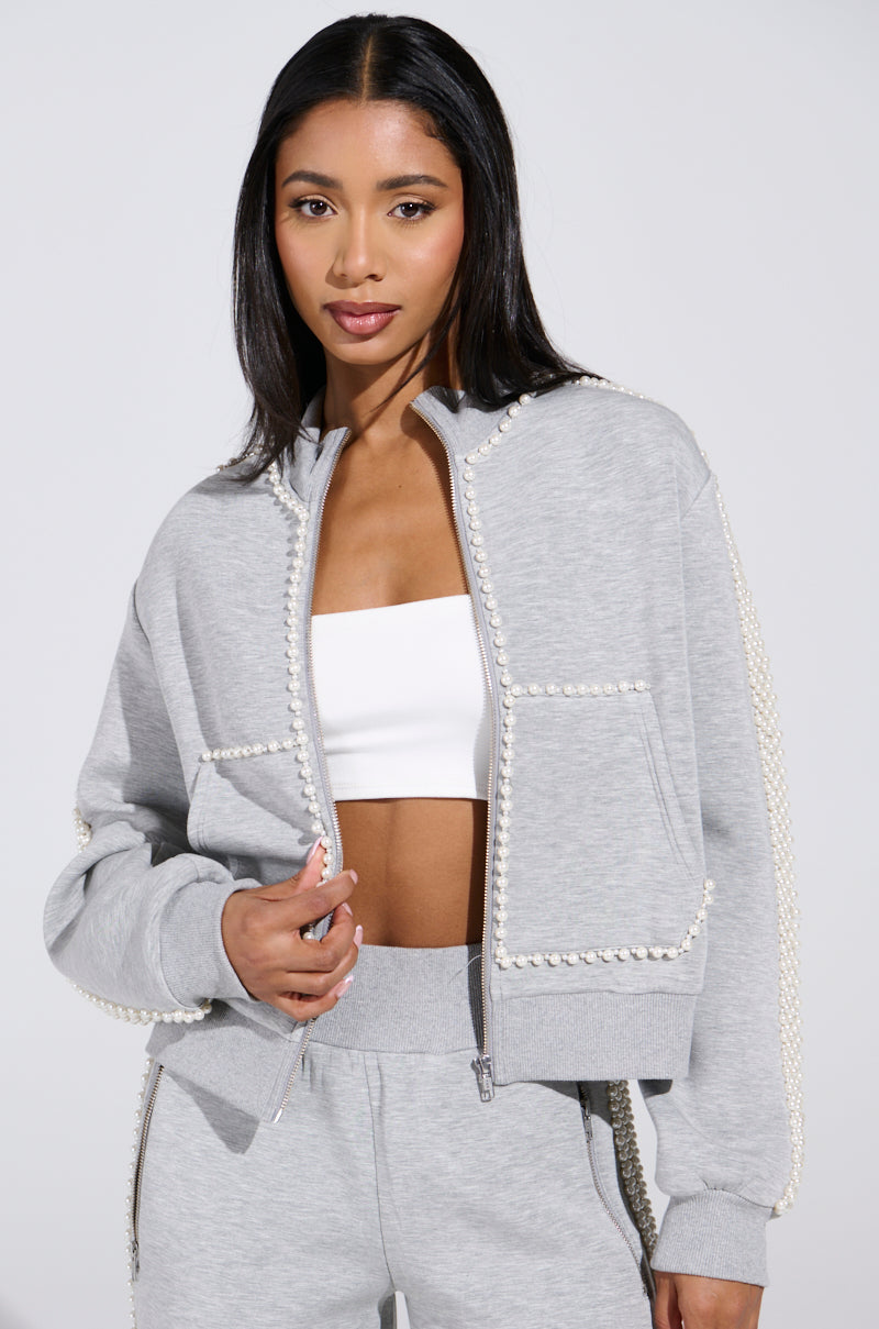 PEARL GIRL ZIP UP SWEATSHIRT IN GREY