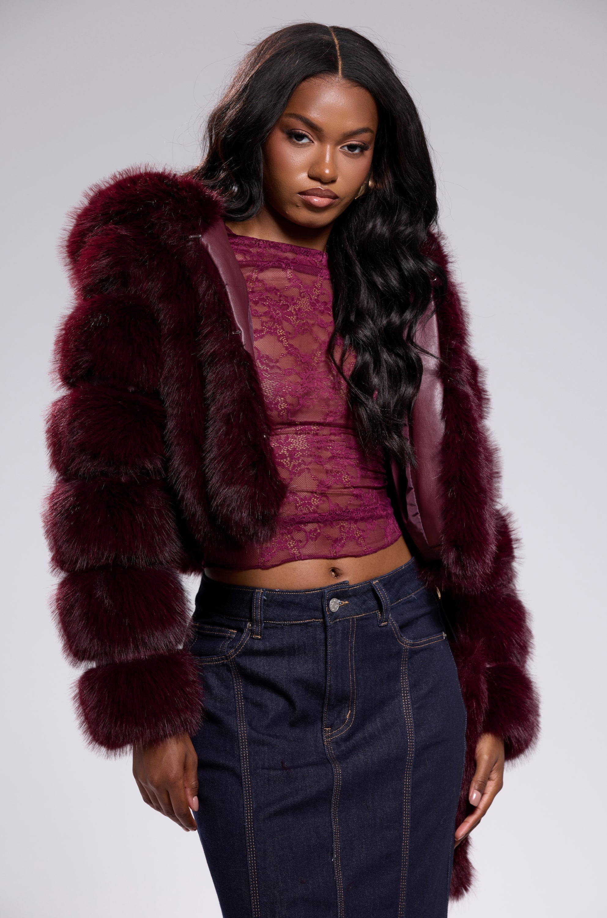 JOLENE FAUX FUR COAT IN BURGUNDY