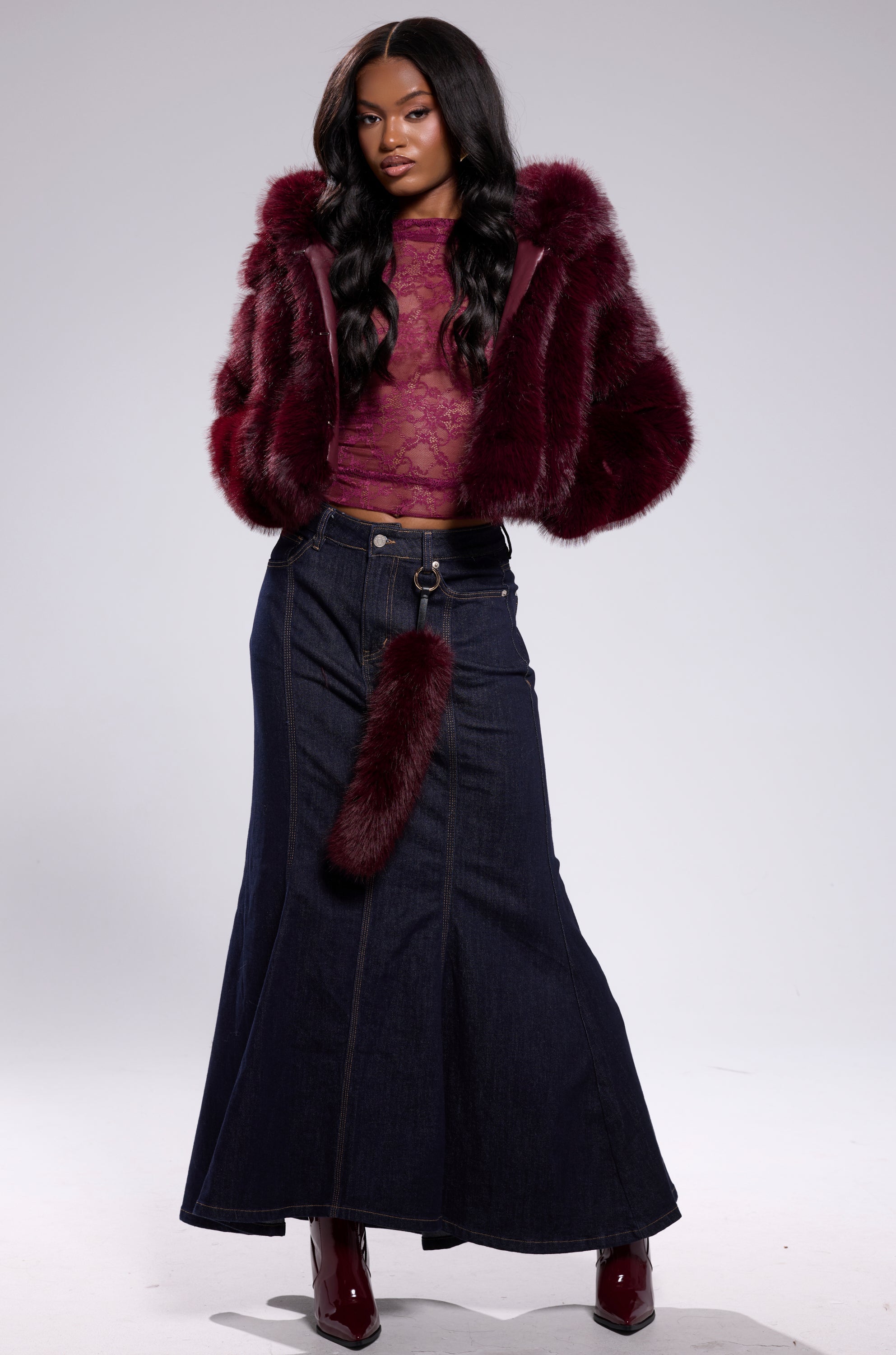 JOLENE FAUX FUR COAT IN BURGUNDY