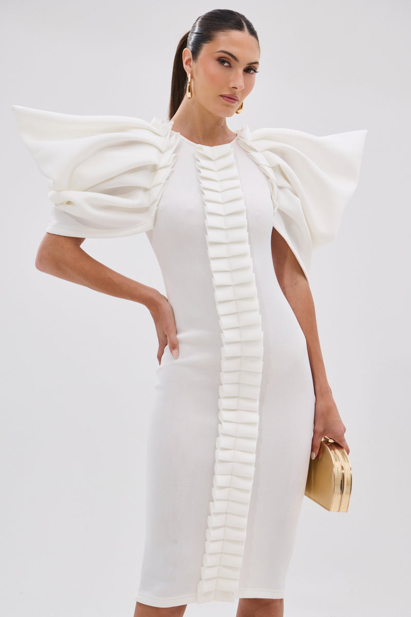 PURE JOY MIDI DRESS WITH DRAMATIC SLEEVE IN WHITE