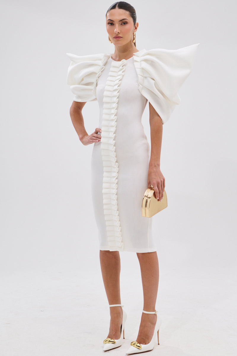 PURE JOY MIDI DRESS WITH DRAMATIC SLEEVE IN WHITE
