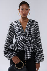 GIRL PLEASE HOUNDSTOOTH TIE-FRONT BLOUSE
