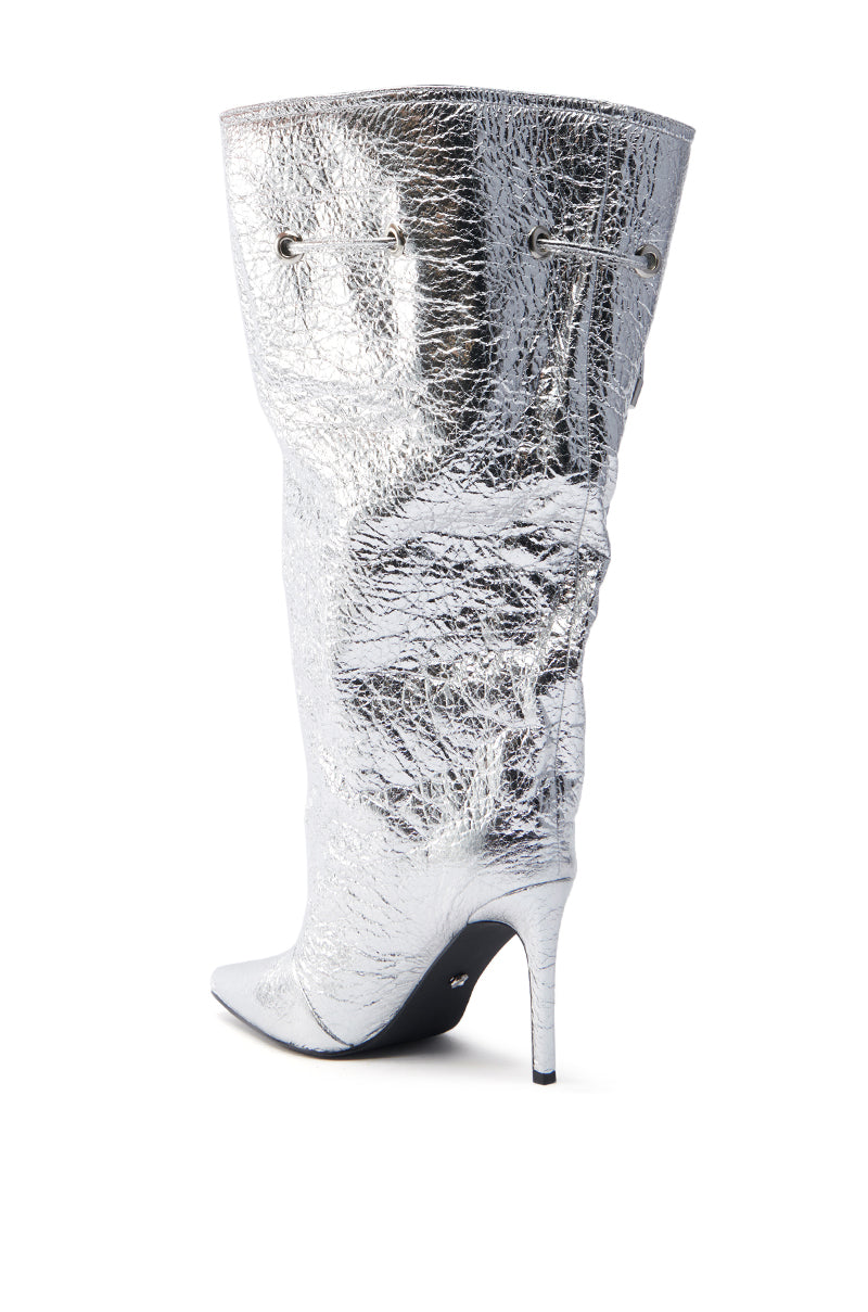 AZALEA WANG MARIT SILVER CRACKLE BOOT WITH CINCHING MECHANISM