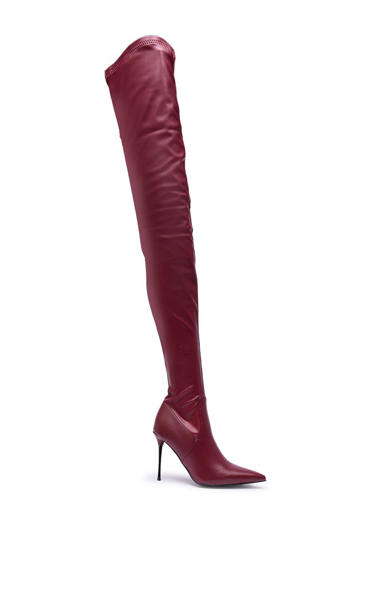 AZALEA WANG MILANDRA BURGUNDY STRETCH PU THIGH HIGH BOOT
