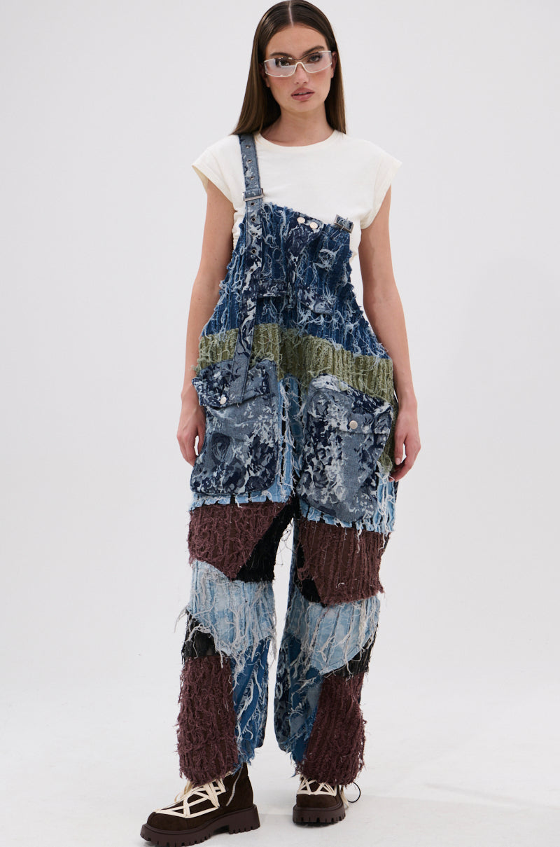 JUST LIKE THAT BAGGY FIT OVERALLS IN PATCHWORK DENIM