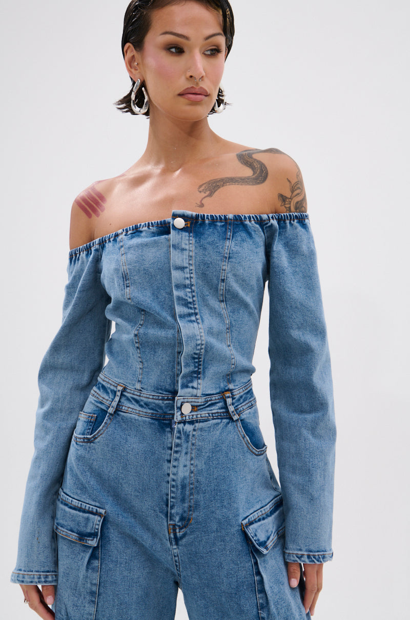 ARI LONG SLEEVE CARGO DENIM JUMPSUIT