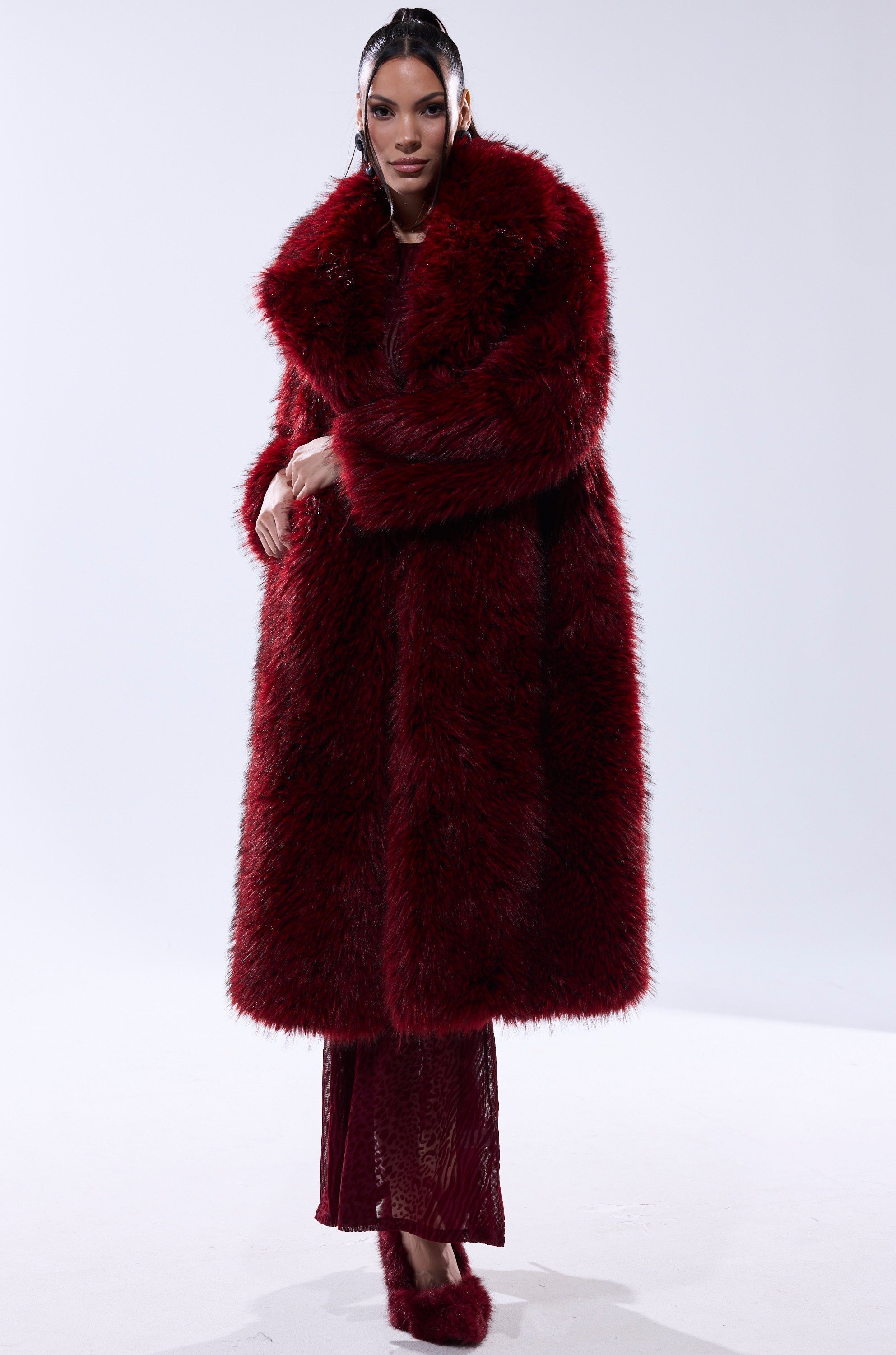 OSLO FAUX FUR COAT IN RED MULTI
