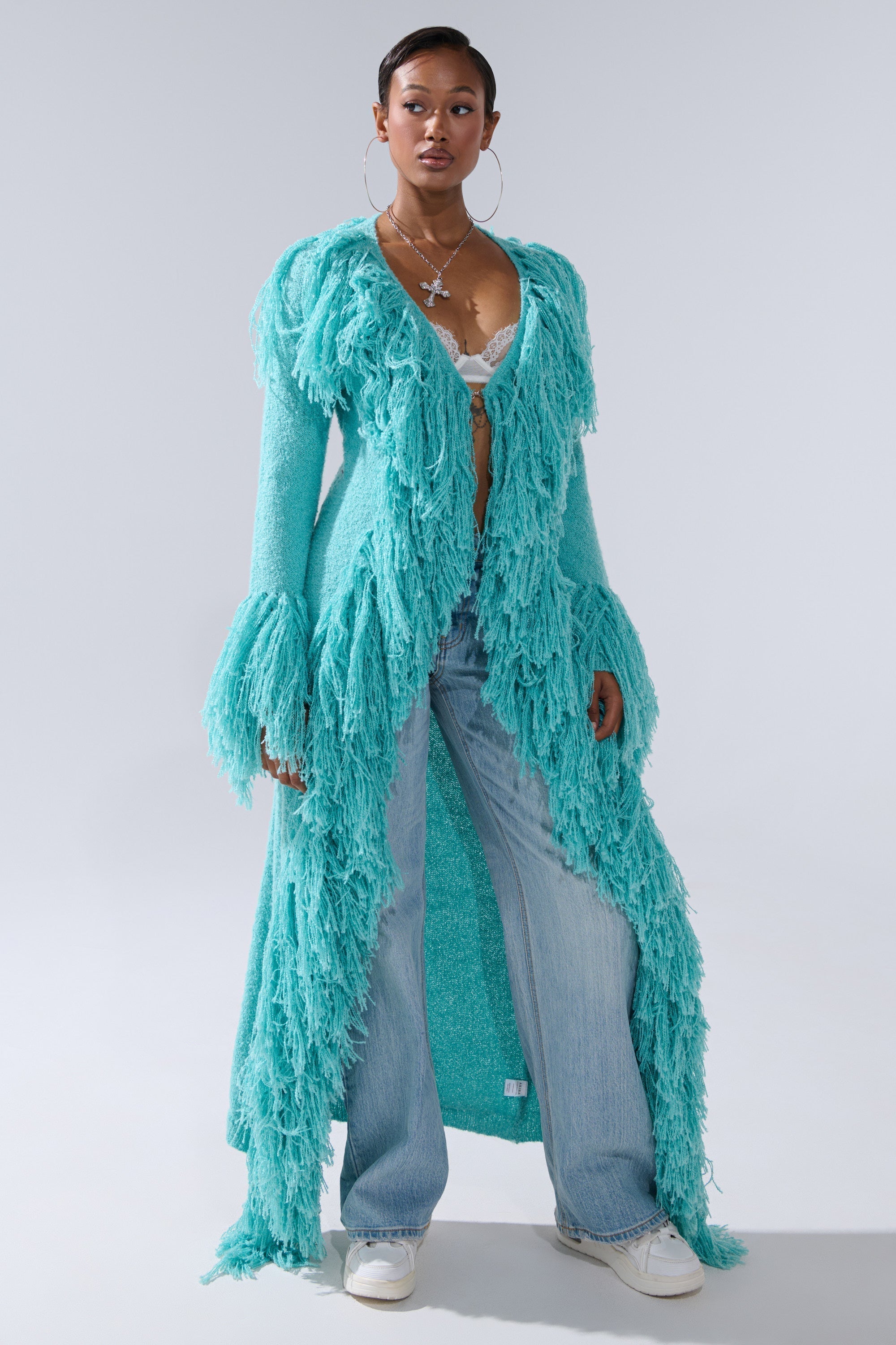 BURRR IT'S COLD OUTSIDE FRINGE OVERSIZED SWEATER IN TURQUOISE
