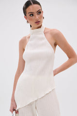 OLIVIA PLISSE HALTER NECK ASYMMETRICAL TOP IN WHITE