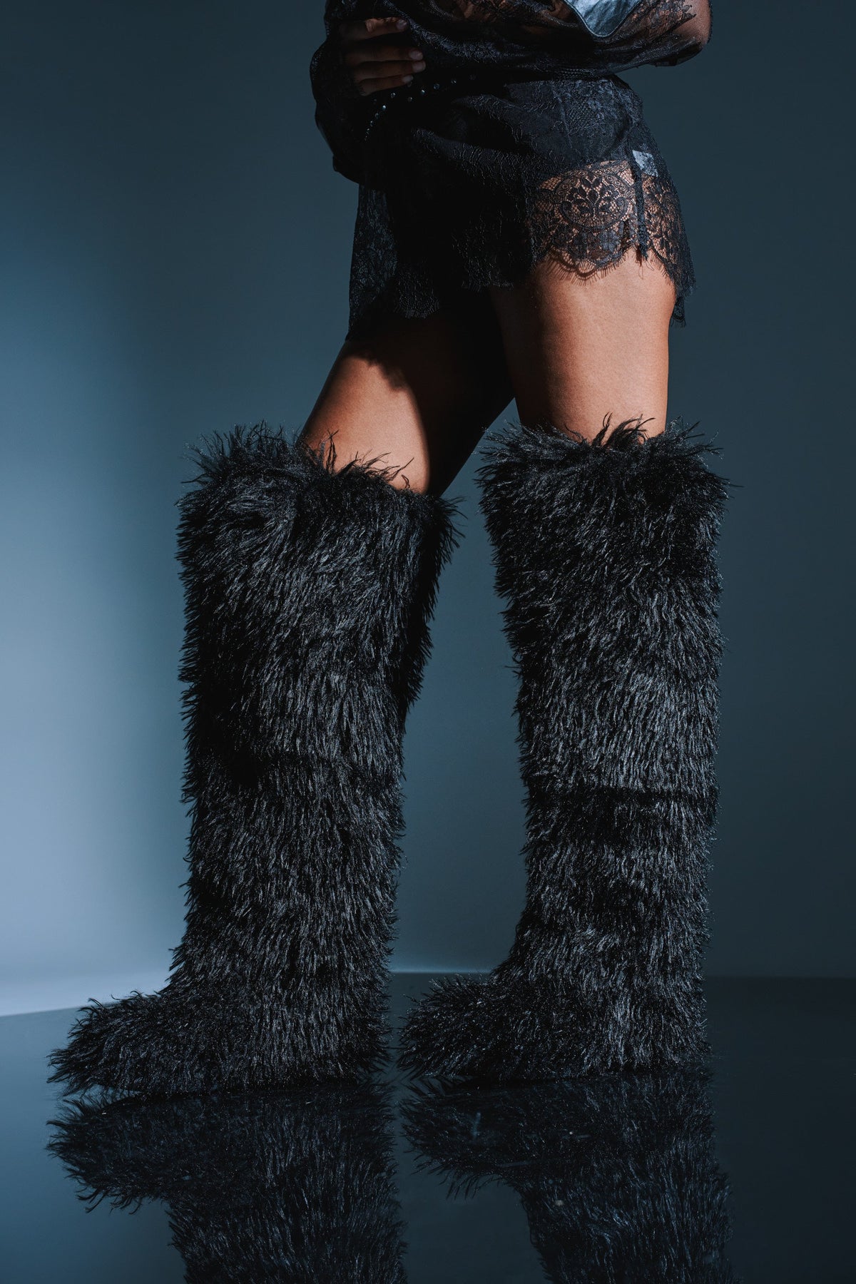 AZALEA WANG TEMPLETON BLACK POODLE FAUX FUR OVER THE KNEE BOOT