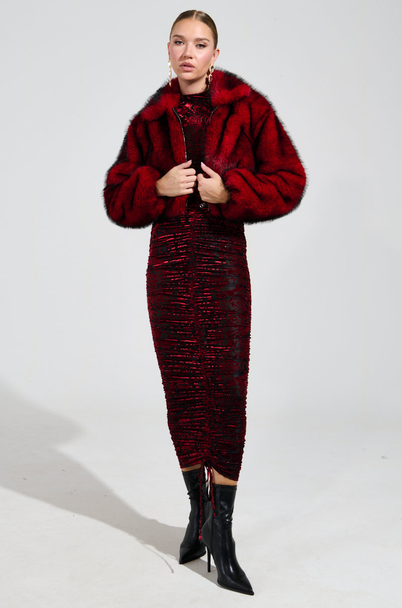 NOW YOU SEE ME FAUX FUR BOMBER IN RED
