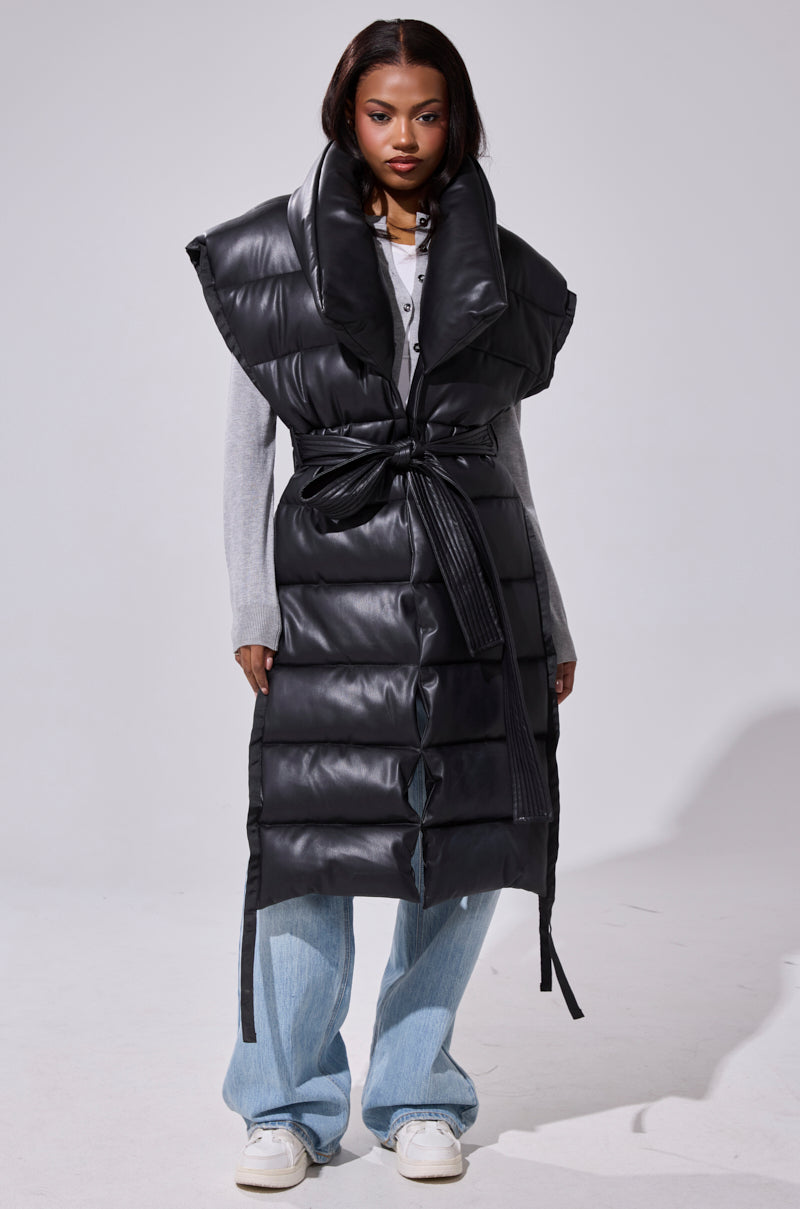 PILOT JONES LONGLINE PUFFER VEST IN FAUX LEATHER
