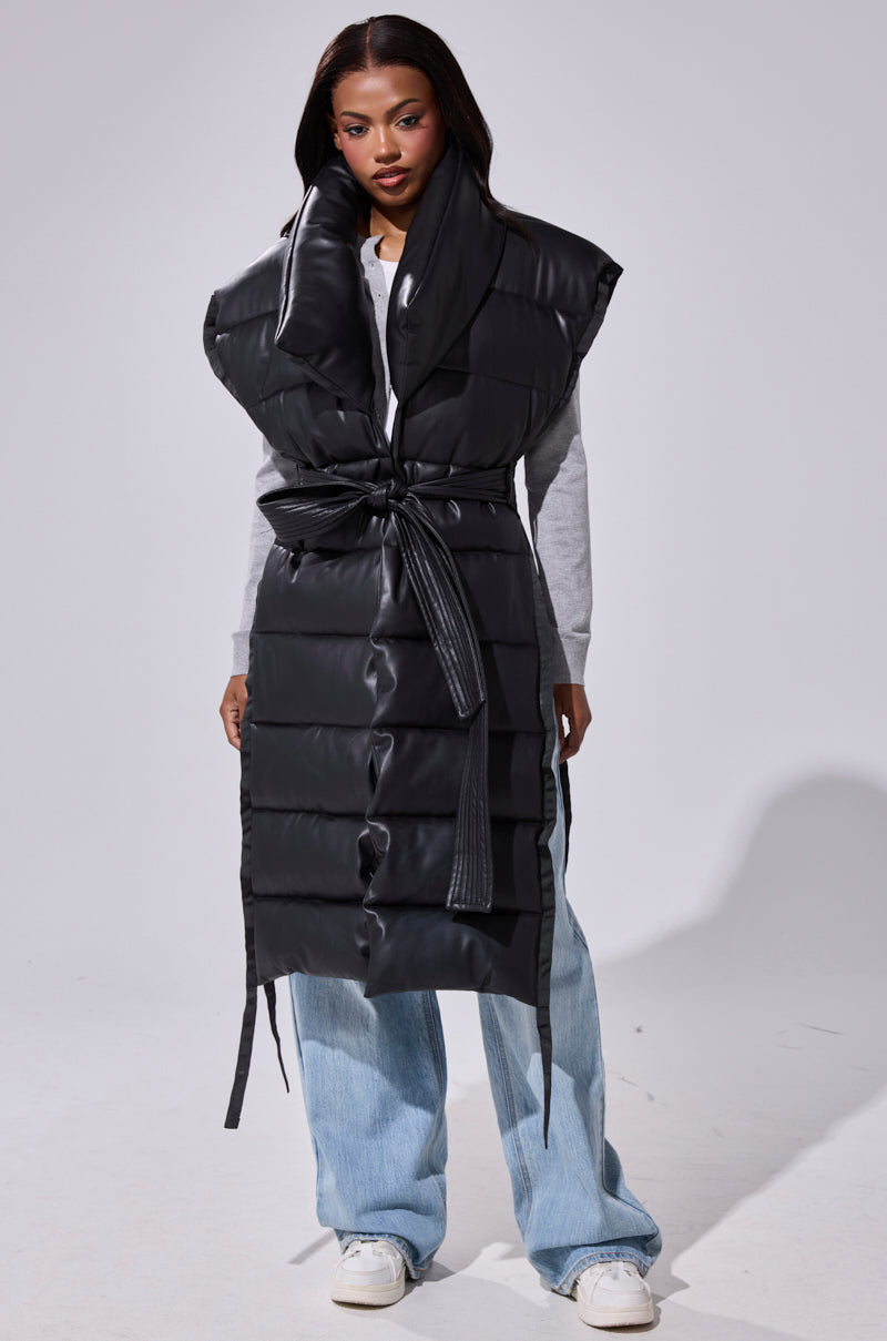 PILOT JONES LONGLINE PUFFER VEST IN FAUX LEATHER