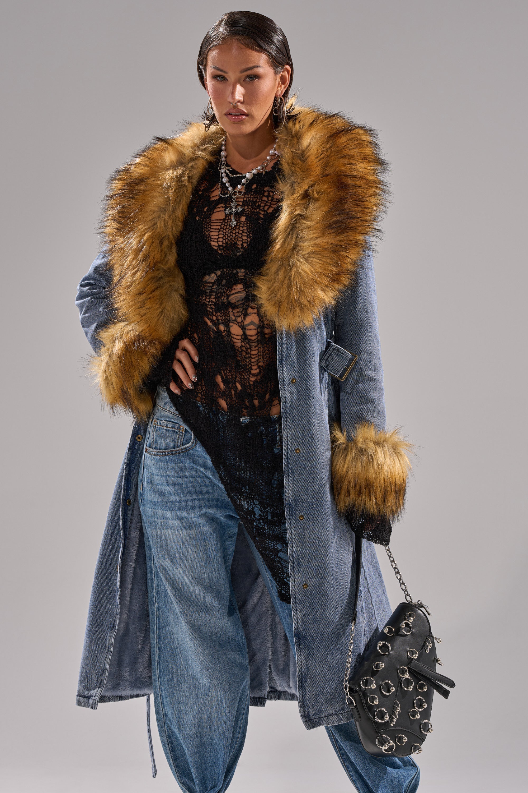 KAYA FUR TRIM DENIM TRENCH