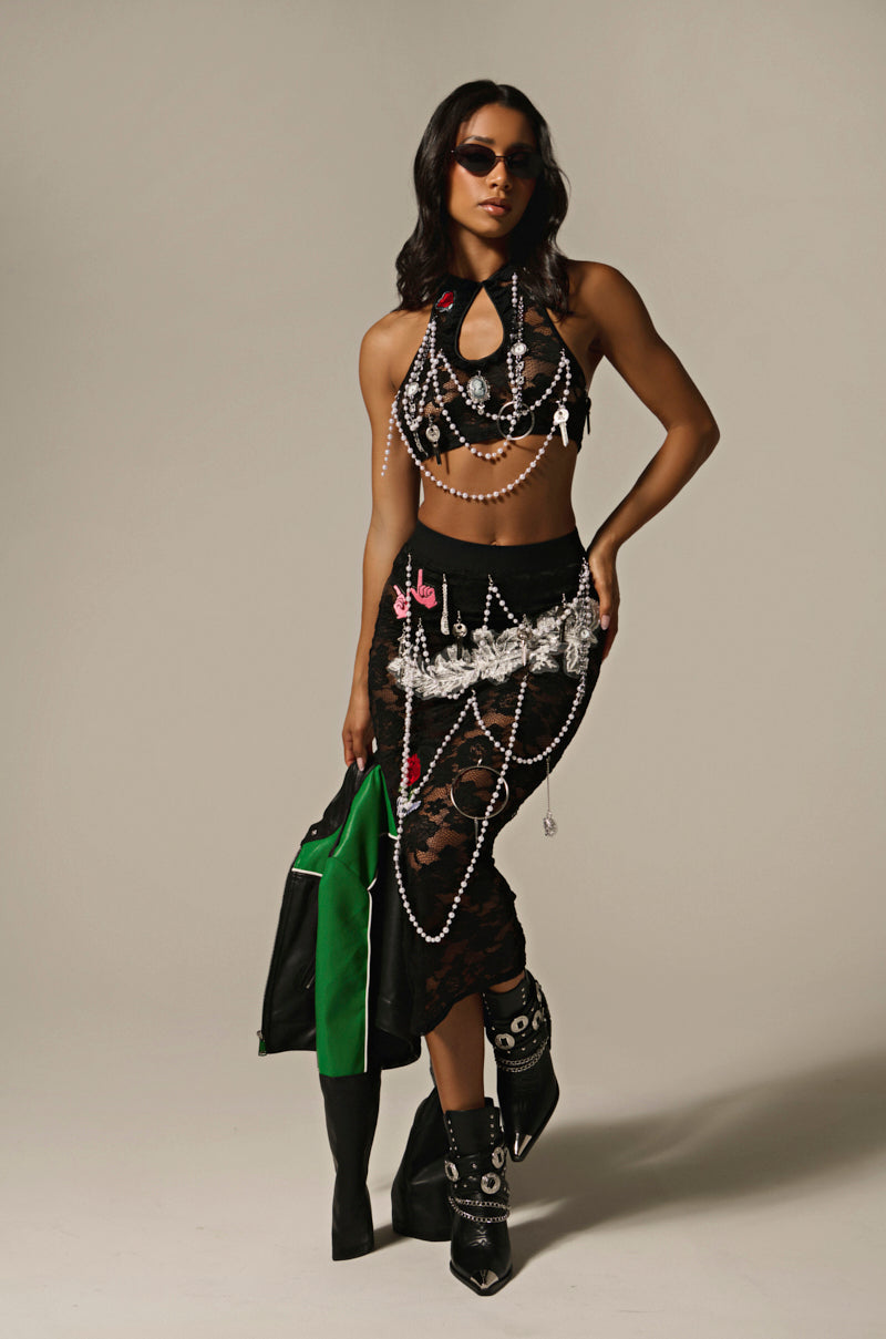 CONTROLLED CHAOS LACE MIDI SKIRT