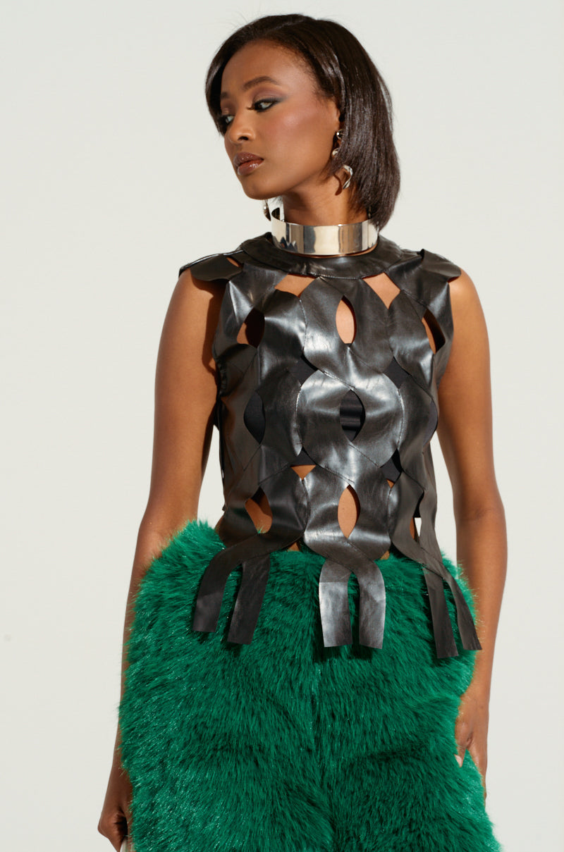 ON MY OWN WAVE CUT OUT FAUX LEATHER TOP IN PU