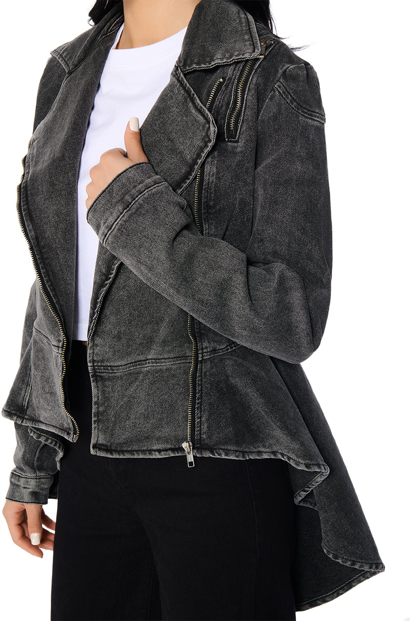 ABOUT THAT TIME DENIM PEPLUM MOTO JACKET
