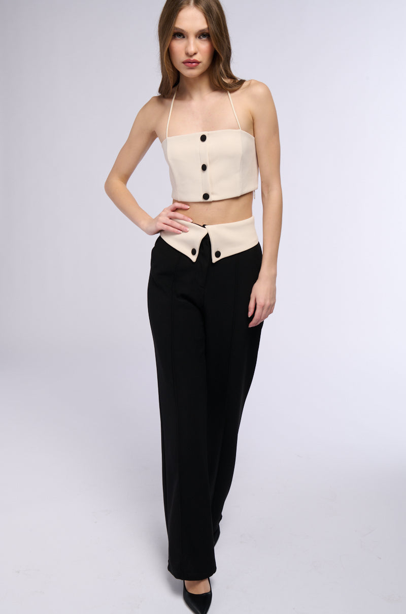 ADELE BUTTON DETAIL FOLDED WAIST WIDE LEG TROUSER