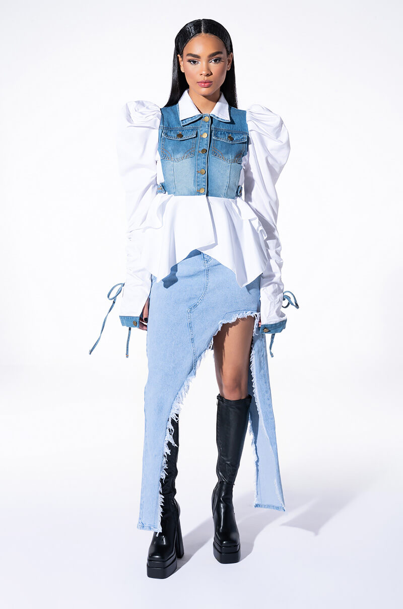 HER DENIM TOP WITH SATIN CONTRAST