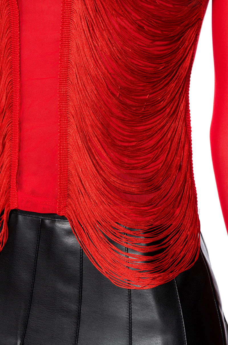 ANNIKA FRINGE DETAIL LONG SLEEVE MESH TOP IN RED