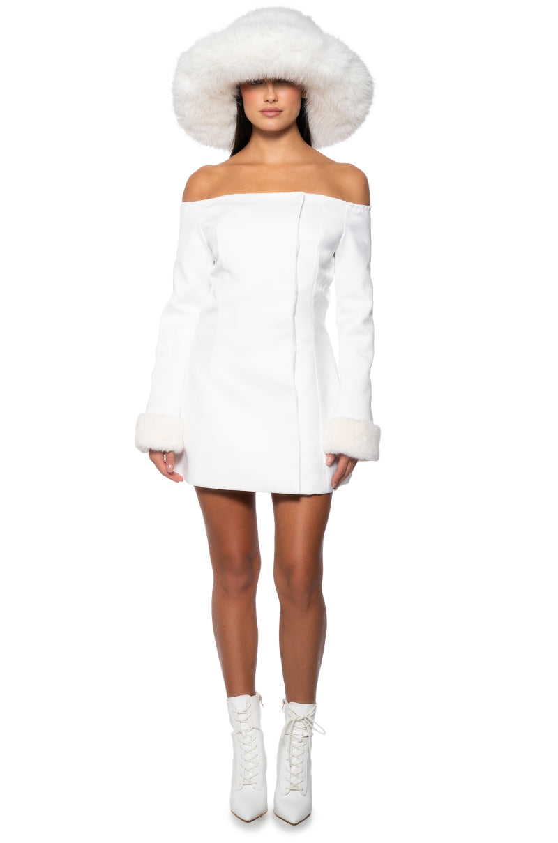 APRES SKI OFF SHOULDER FAUX FUR MINI DRESS