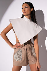 ARIA FAUX LEATHER MOCK NECK TRIANGLE BLOUSE