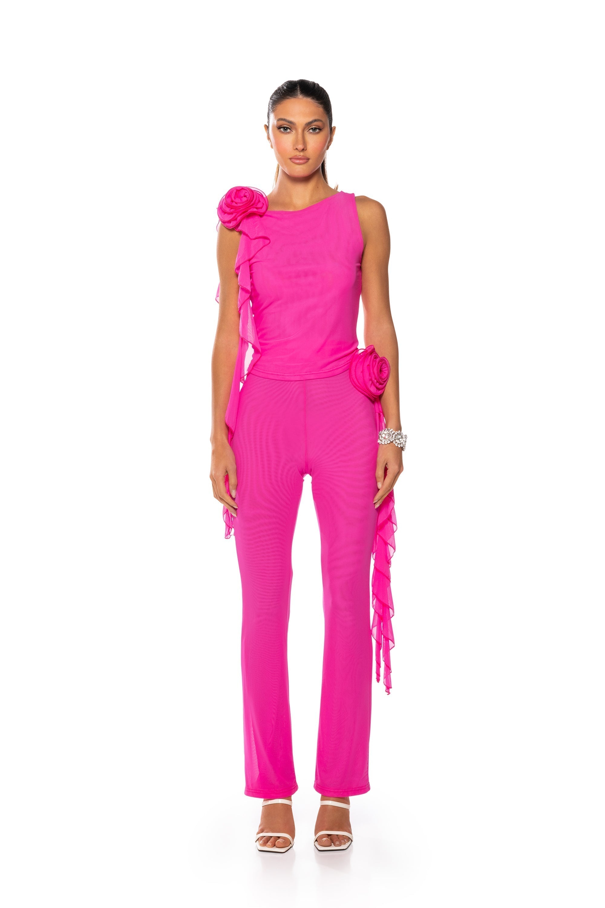 ARIANA FLOUNCED SLEEVELESS MESH TOP