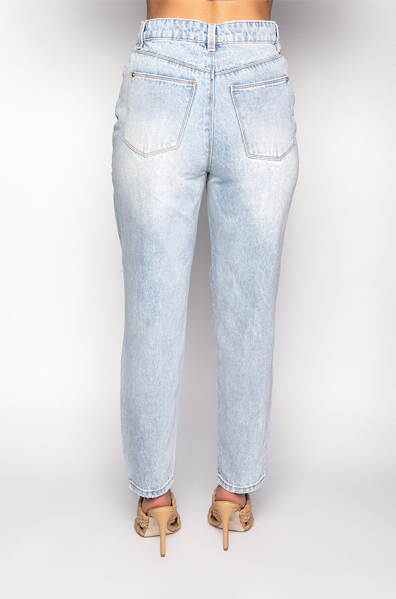 ARRIVEDERCI ACID WASH HIGH RISE DISTRESSED MOM JEANS