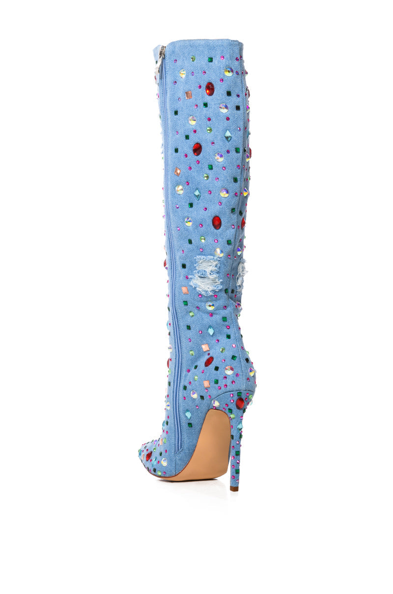AZALEA WANG CHILI STILETTO EMBELLISHED BOOT IN DENIM