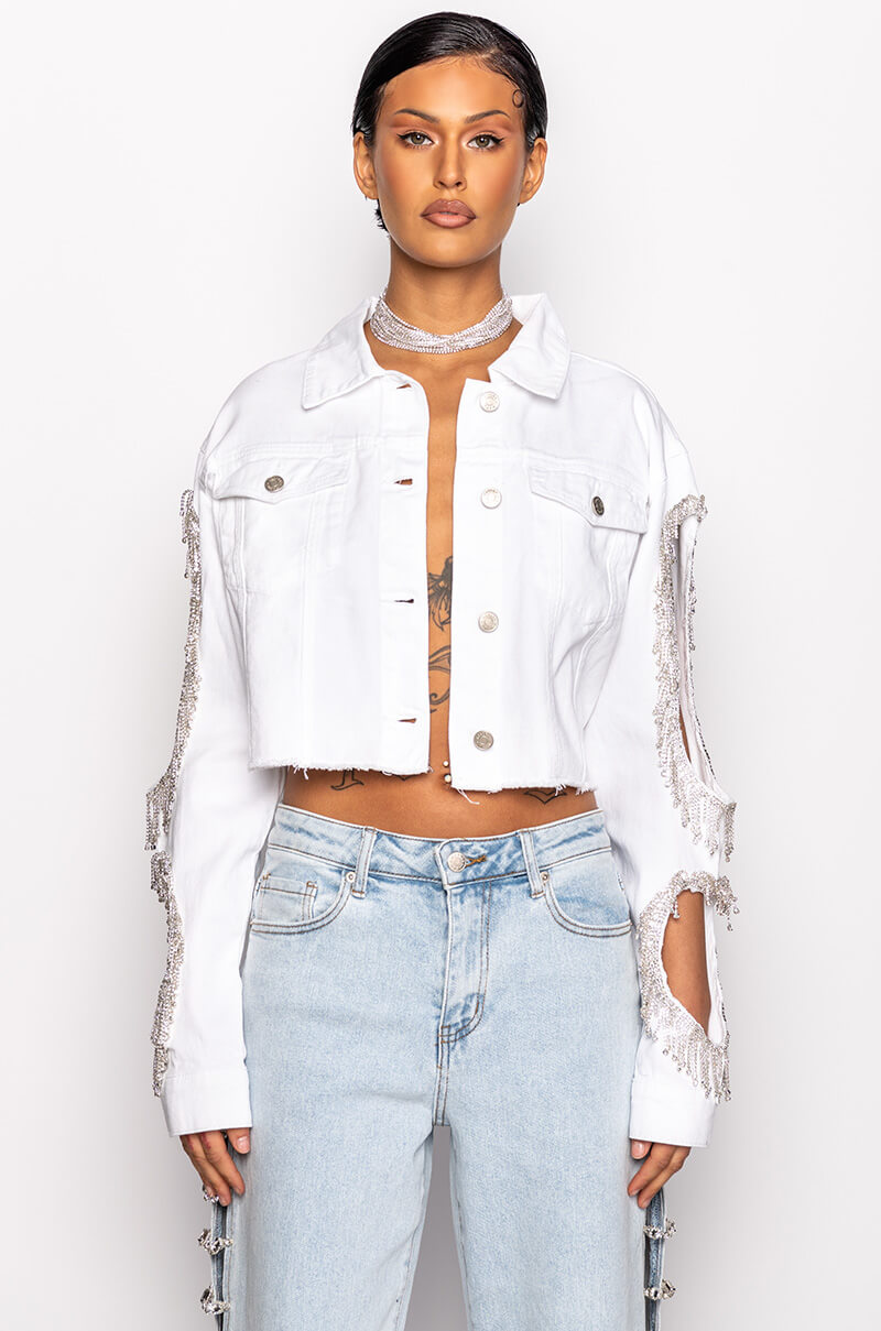 AZALEA WANG CUT OUT ARM RHINESTONE DENIM JACKET