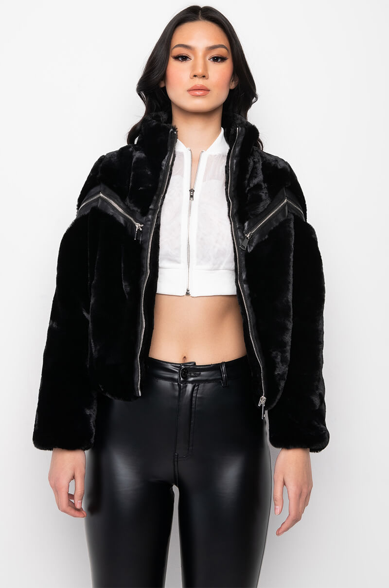 FUZZED UP FAUX FUR BOMBER