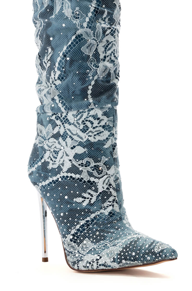 AZALEA WANG OPAL DENIM AND DIAMOND STILETTO BOOT