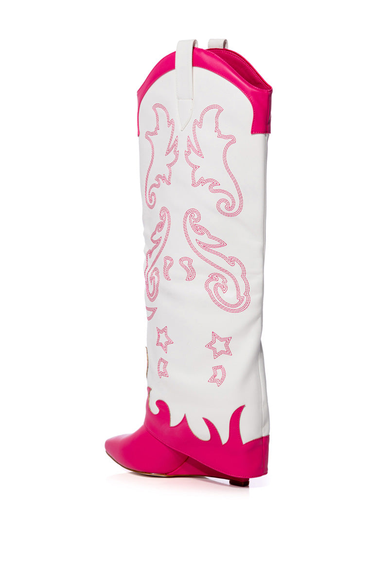 AZALEA WANG OUTLAND WESTERN WEDGE BOOT IN FUCHSIA WHITE