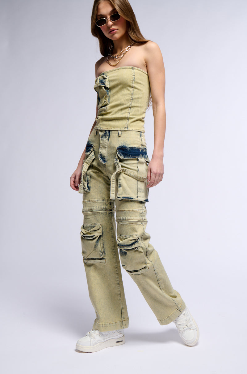 CAPRICE DISTRESSED DENIM CARGO CONVERTIBLE ZIP OFF PANT