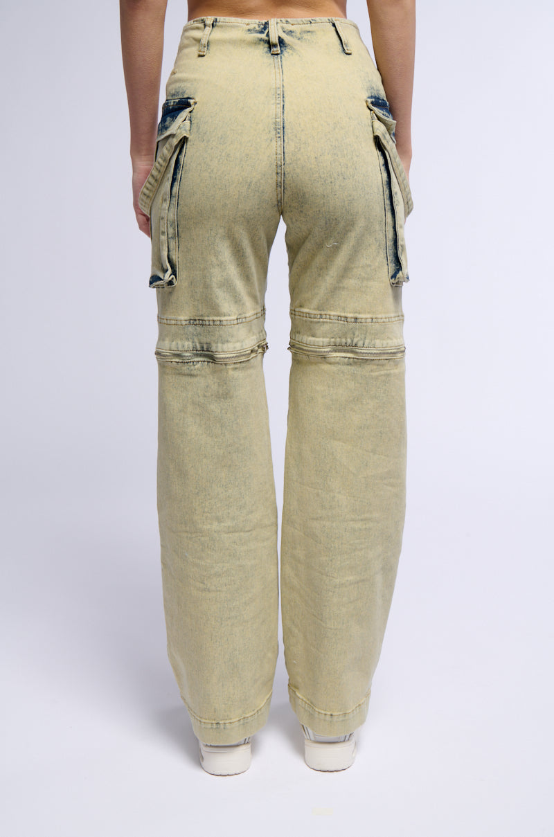 CAPRICE DISTRESSED DENIM CARGO CONVERTIBLE ZIP OFF PANT