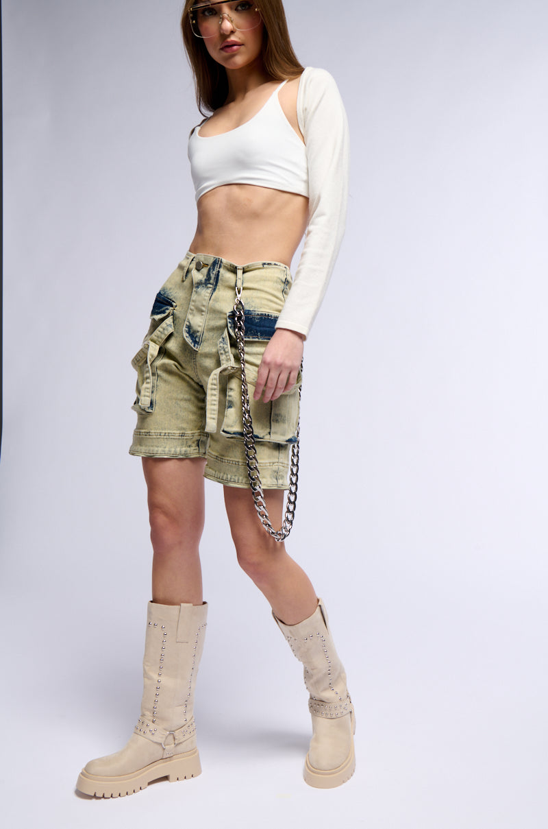 CAPRICE DISTRESSED DENIM CARGO CONVERTIBLE ZIP OFF PANT