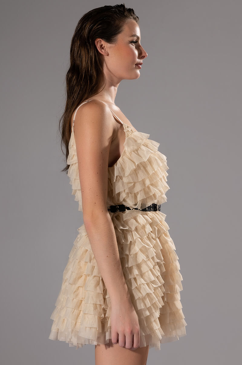 CRAZY FOR YOU BELTED TIERED TULLE MINI DRESS