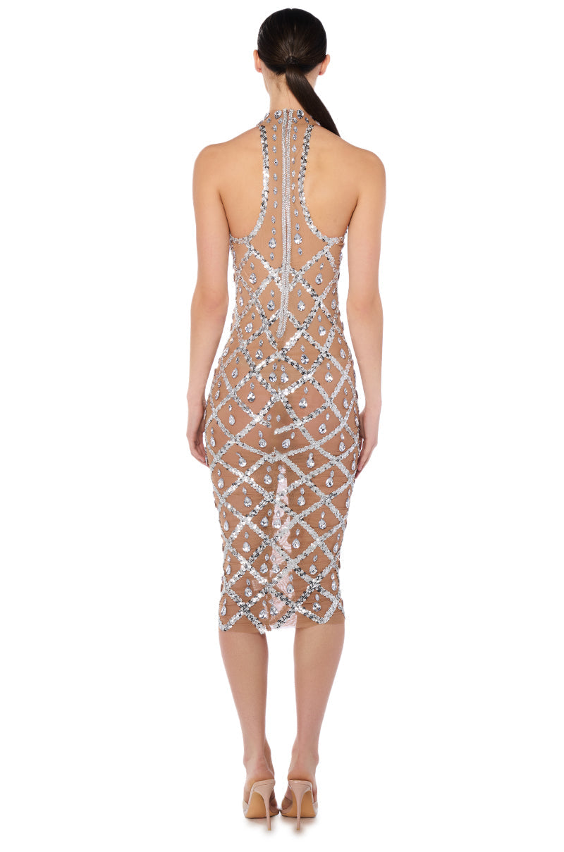 DIAMONDS ARE FOREVER MESH MIDI DRESS IN BEIGE