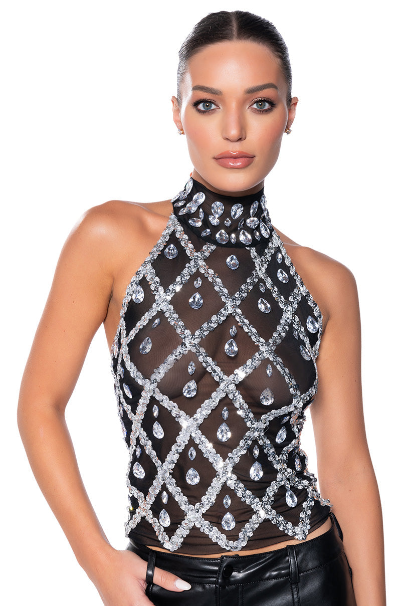 DIAMONDS ARE FOREVER MOCK NECK SLEEVELESS MESH TOP